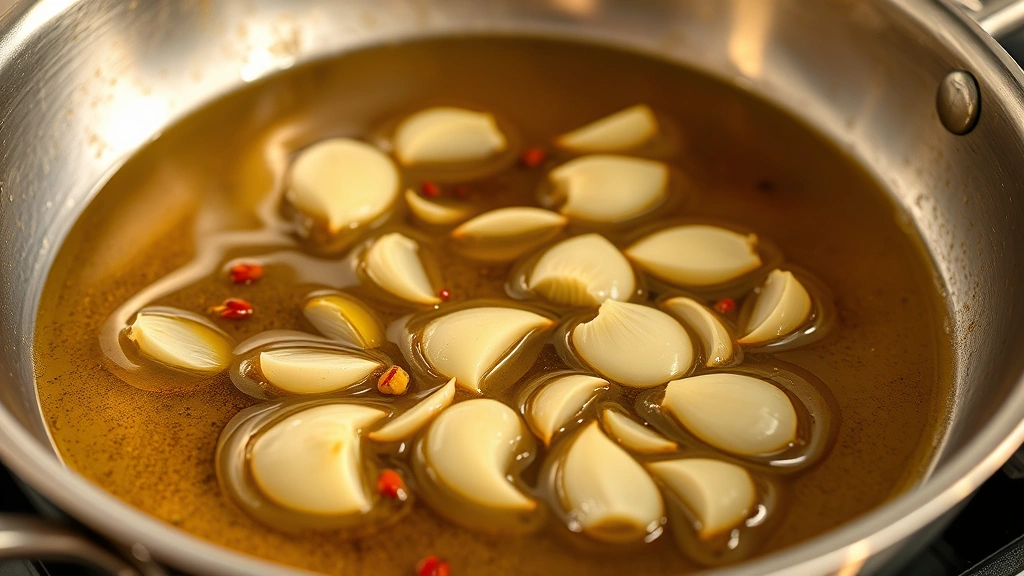 Sliced garlic cloves gently sizzling in golden extra-virgin olive oil in stainless steel skillet, red pepper flakes visible, aromatic steam rising, warm kitchen lighting