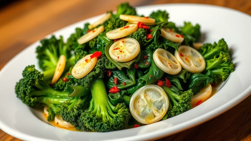 Finished broccoli rabe dish plated on white ceramic plate, glossy from garlic oil, vibrant green color prominent, garnished with thin garlic slices and red pepper flakes, professional restaurant-style presentation