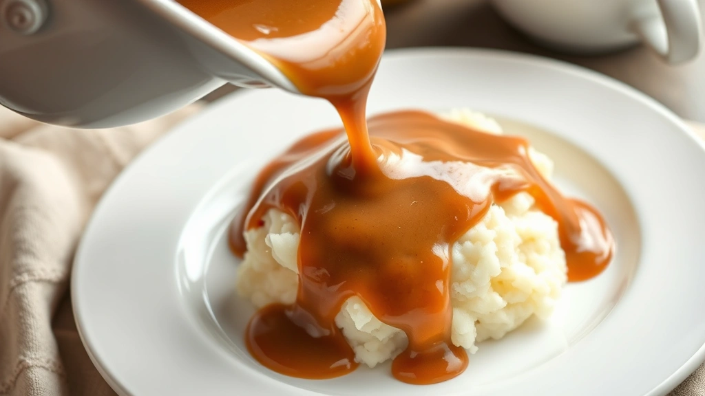 Creamy brown gravy being poured over fluffy mashed potatoes on white ceramic plate, showing ideal consistency and luxurious silky texture coating food beautifully