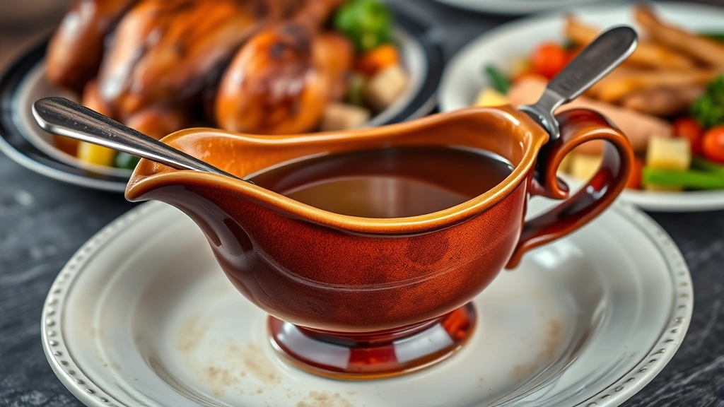 Finished brown gravy in ceramic gravy boat with ladle, beautiful mahogany color, steam rising, ready to serve with roasted chicken and vegetables on background table
