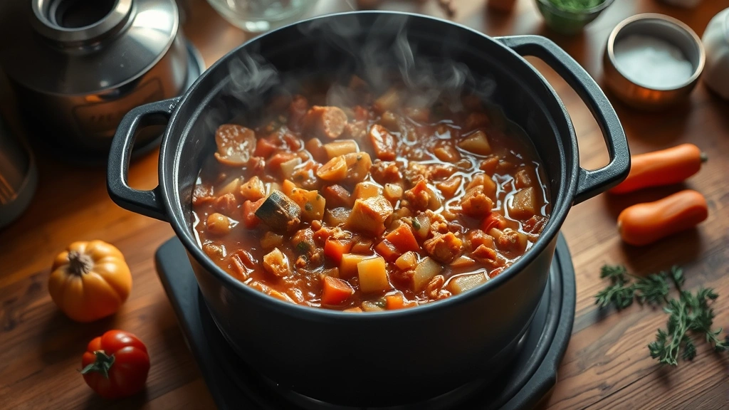 Wide overhead shot of large Dutch oven filled with simmering Brunswick stew during cooking process, showing layered ingredients, steam rising, warm kitchen lighting, fresh vegetables and herbs scattered nearby on wooden counter