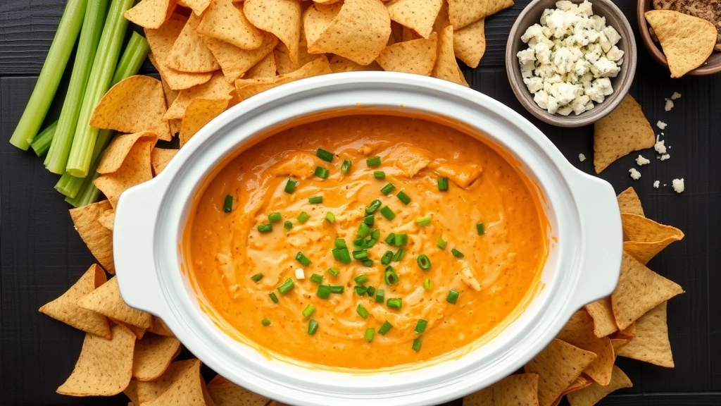 Overhead view of creamy buffalo chicken dip in white ceramic crock pot with green onions scattered on top, surrounded by celery sticks, tortilla chips, and blue cheese crumbles on dark wooden table