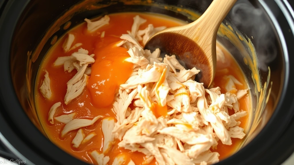 Close-up of shredded rotisserie chicken being stirred into melted cream cheese and buffalo sauce in a slow cooker with a wooden spoon, steam rising