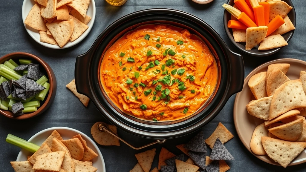 Beautiful overhead flat lay of buffalo chicken dip served in traditional crock pot on party table with assorted dippers including celery, carrots, blue tortilla chips, and pita bread arranged around it