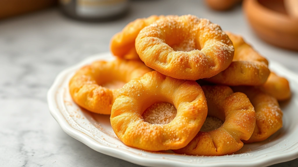 Golden-brown buñuelos piled on a white ceramic plate with cinnamon sugar coating dusting the crispy surfaces, warm steam rising, shallow depth of field, natural kitchen lighting