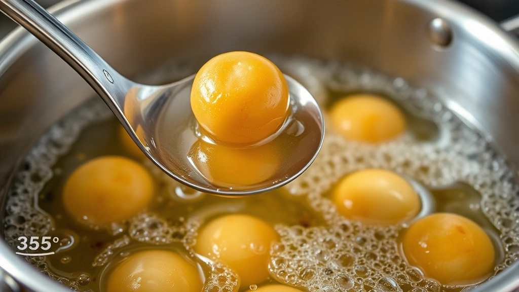 Close-up of buñuelos being dropped into bubbling hot oil with a slotted spoon, oil temperature visible at 365 degrees, professional kitchen setting with stainless steel pot