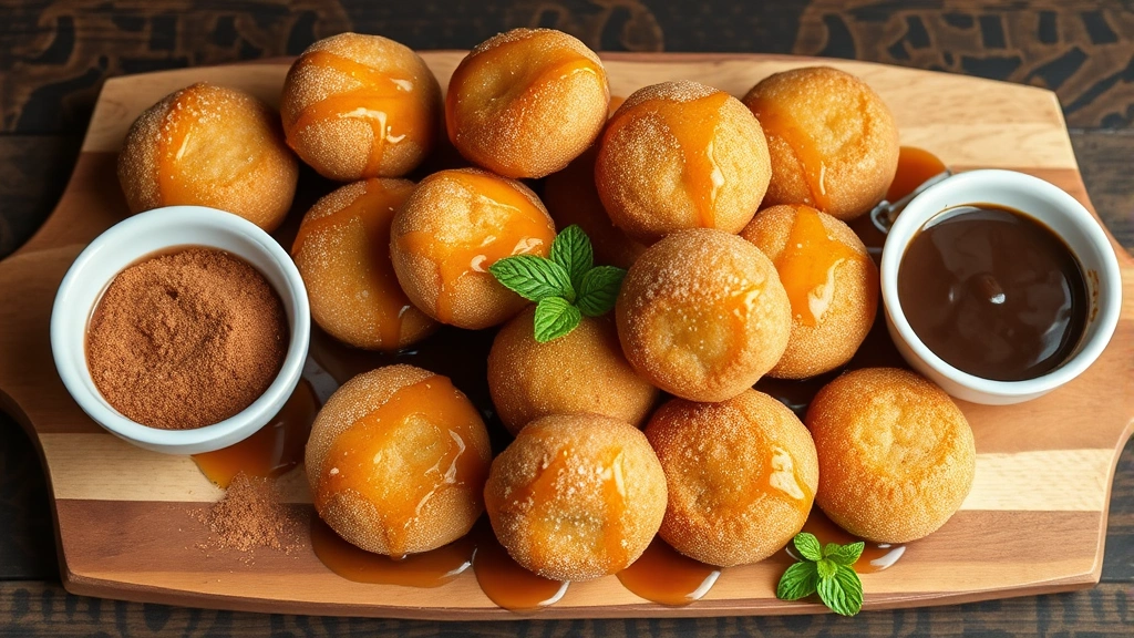 Finished buñuelos arranged on a rustic wooden board drizzled with warm honey syrup, surrounded by small bowls of cinnamon sugar and chocolate sauce for dipping, garnished with fresh mint