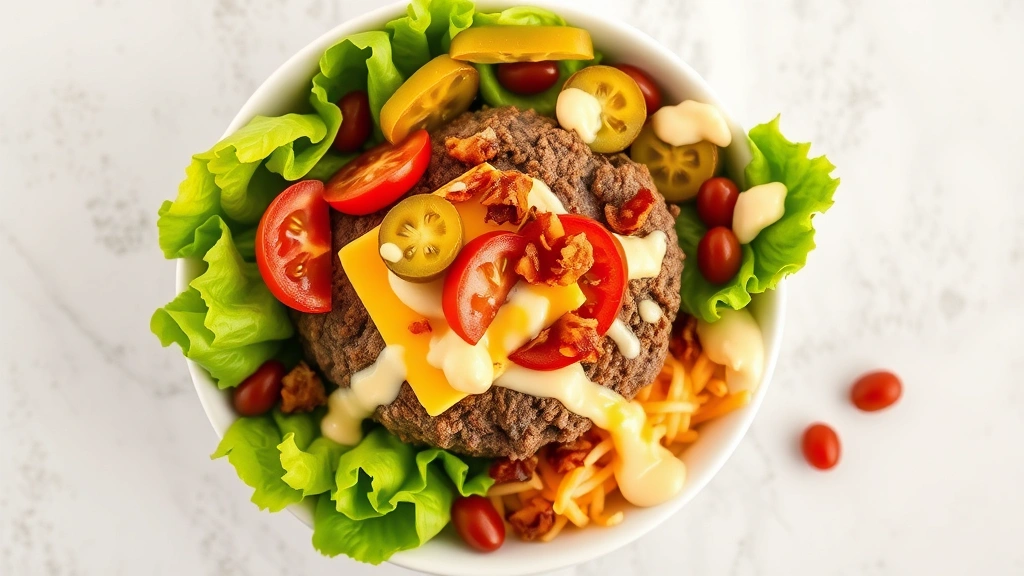 Top-down view of a vibrant burger bowl with ground beef, fresh lettuce, red tomatoes, pickles, melted cheddar cheese, crispy bacon bits, and creamy sauce drizzle in a white ceramic bowl, professional food photography