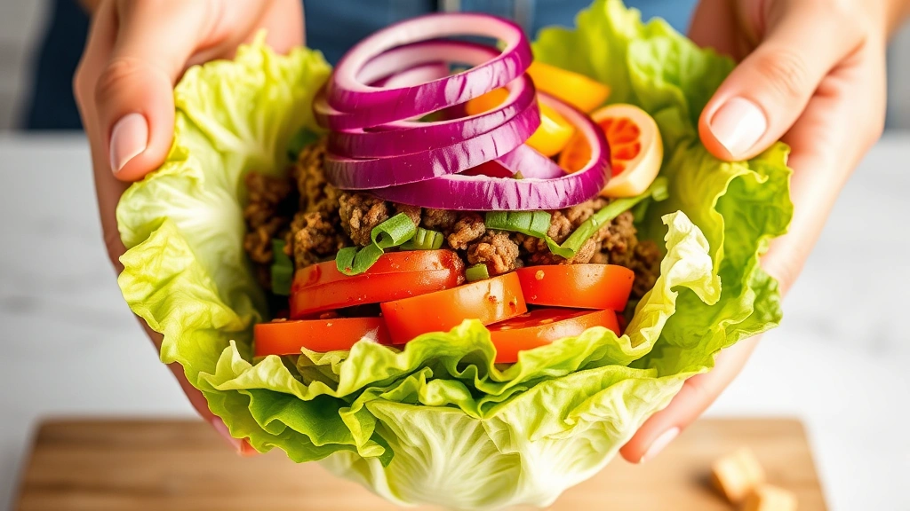 Close-up of hands assembling a burger bowl with layers of crispy romaine lettuce, seasoned ground beef, sliced red onions, and fresh vegetables, showing the layering technique clearly