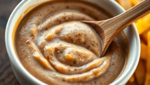 Close-up of creamy burger sauce in a white bowl with a wooden spoon, showing rich texture and golden-brown color with visible seasonings, professional food photography lighting