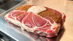 Raw brisket point with fat cap and seasoning rub applied, lying on stainless steel counter before smoking, showing marbling and trimmed edges