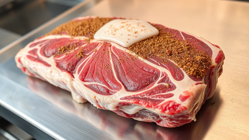 Raw brisket point with fat cap and seasoning rub applied, lying on stainless steel counter before smoking, showing marbling and trimmed edges
