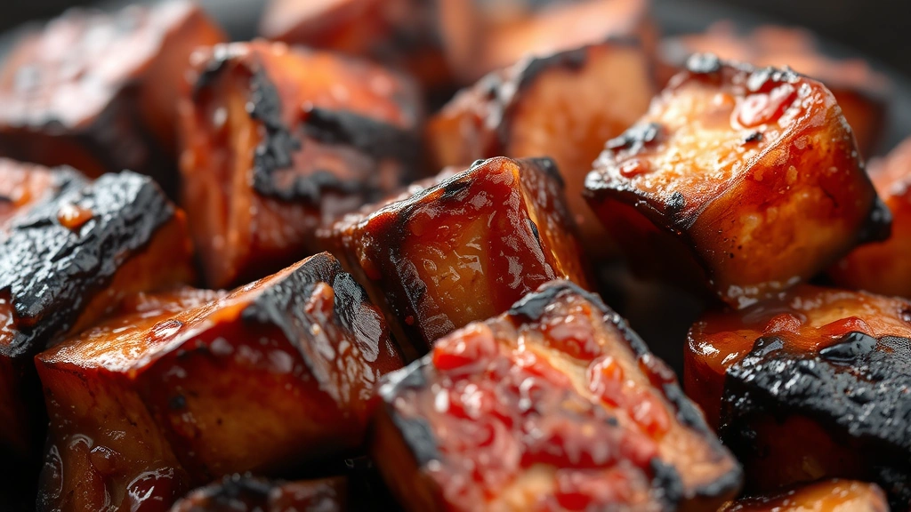 Burnt ends cubes glistening with caramelized sauce and dark charred bark exterior, steam rising, close-up showing tender interior texture and glossy coating