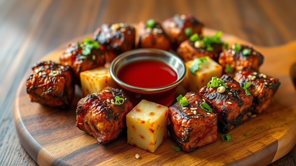 Finished burnt ends arranged on wooden serving board with sauce pooling between cubes, warm amber lighting, garnished with fresh green herbs and sesame seeds