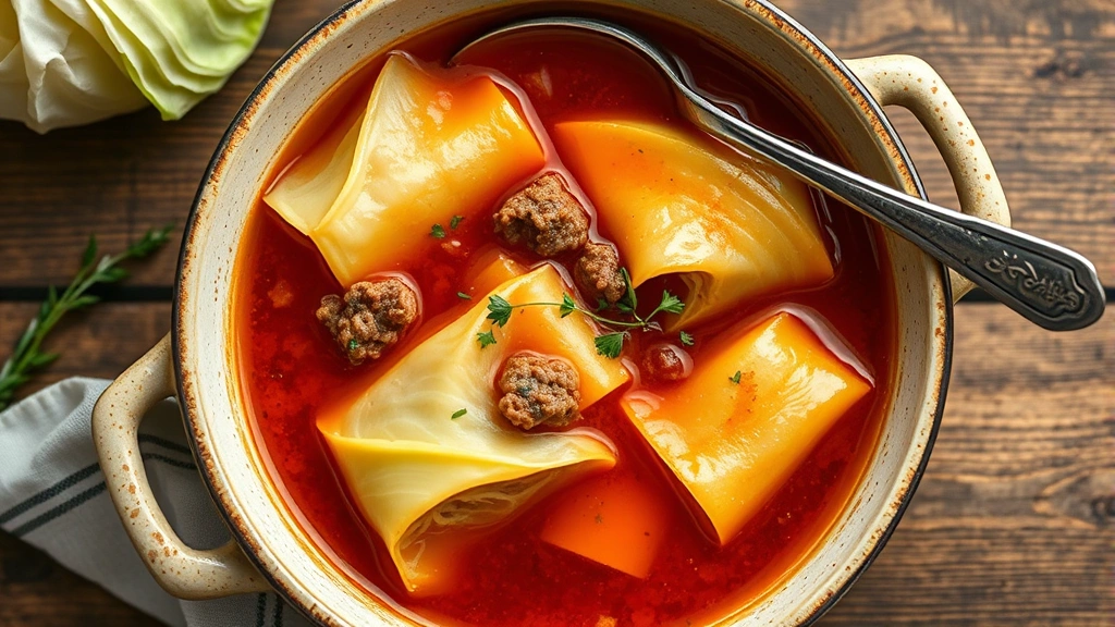 Overhead shot of a steaming bowl of cabbage roll soup with visible pieces of tender green cabbage, ground beef, and red tomato broth, garnished with fresh herbs, served in a rustic ceramic bowl with a vintage spoon on a wooden table