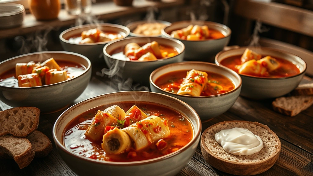 Artistic food photography of multiple bowls of finished cabbage roll soup arranged on a rustic table with crusty bread, a dollop of sour cream on the side, steam rising from bowls, warm kitchen lighting creating a cozy comfort food atmosphere