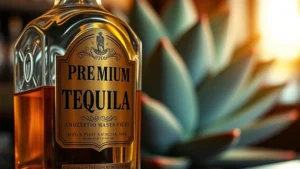 Close-up of premium tequila bottle with agave plant in soft focus background, golden liquid catching warm light, professional bar setting