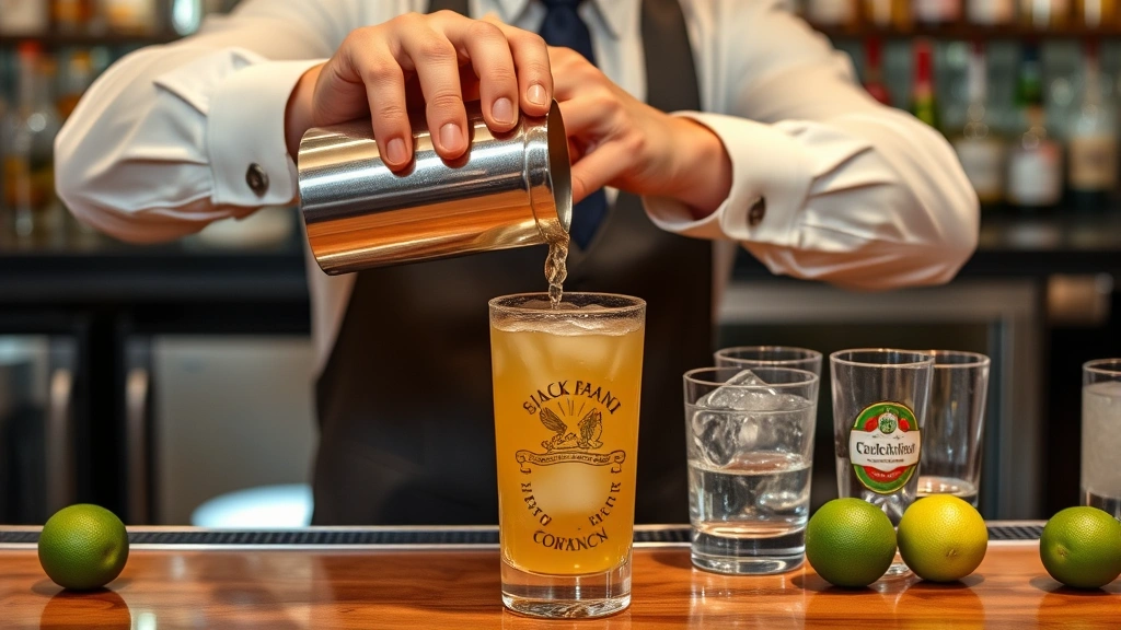 Bartender shaking cocktail vigorously with Boston shaker and ice, dynamic motion, professional mixology technique, bar counter with fresh limes and glasses