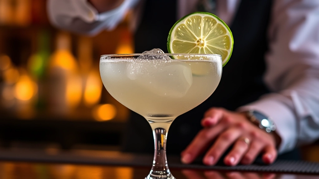 Finished Cadillac Margarita in chilled coupe glass with lime wheel garnish, condensation on glass, professional presentation, warm ambient bar lighting