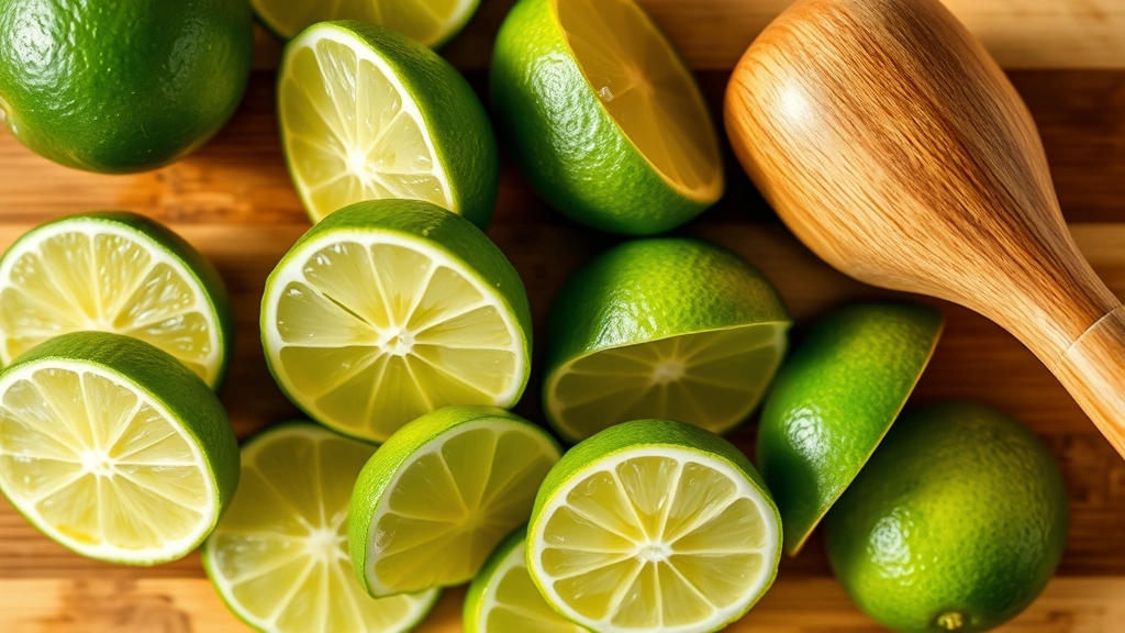 Close-up overhead view of fresh lime wedges arranged on a wooden cutting board next to a wooden muddler, bright natural lighting showing vibrant green citrus