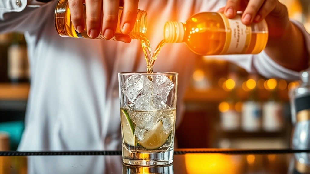 Professional bartender pouring golden cachaça over crushed ice into a rocks glass containing muddled lime wedges, golden-hour lighting creating warm tones