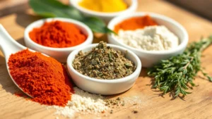 Close-up of colorful spice powders in white bowls: paprika, cayenne, garlic powder, oregano, and thyme arranged artfully on wooden surface with natural sunlight