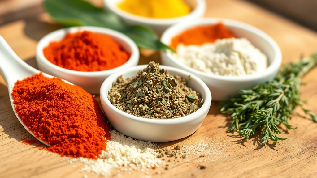 Close-up of colorful spice powders in white bowls: paprika, cayenne, garlic powder, oregano, and thyme arranged artfully on wooden surface with natural sunlight