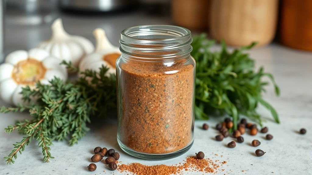 Finished Cajun spice blend in a glass jar with tight lid, displayed with fresh ingredients like garlic, thyme sprigs, and whole peppercorns nearby on kitchen counter