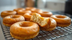 Close-up of freshly baked golden-brown cake donuts cooling on a wire rack, showing their fluffy interior texture and light color, natural kitchen lighting, depth of field