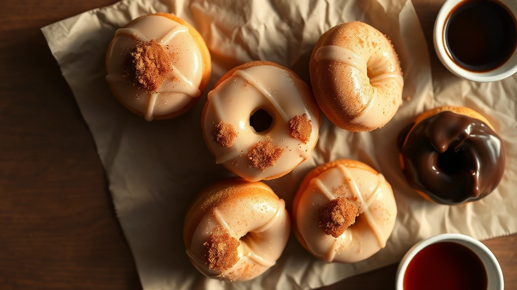 Overhead flat lay of glazed vanilla donuts with cinnamon sugar coating and chocolate options arranged on parchment paper with vanilla extract and bowl of glaze nearby, warm natural light