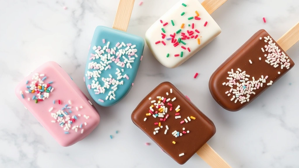 Close-up overhead shot of colorful cake popsicles with different chocolate coatings and sprinkle decorations arranged on a white marble surface, showing pink, blue, white, and brown varieties