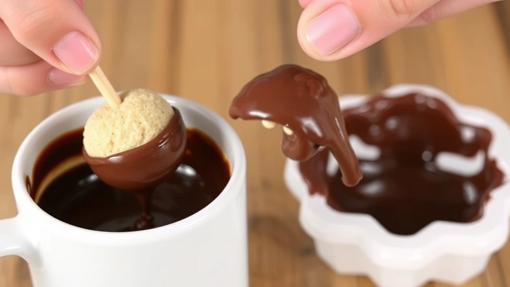 Hands dipping a frozen cake ball into melted chocolate coating in a white mug, showing the chocolate dripping off the stick with a styrofoam holder visible in the background