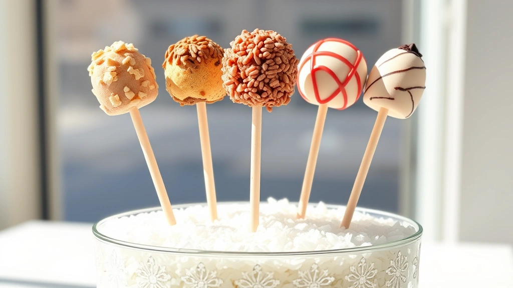 Finished cake popsicles standing upright in a decorative vase filled with white sand or rice, displaying various flavors with different toppings and coatings in natural daylight
