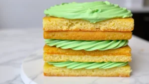 Close-up of perfectly leveled square vanilla cake layers stacked with green buttercream frosting between them, showing clean edges and professional frosting application on a marble countertop
