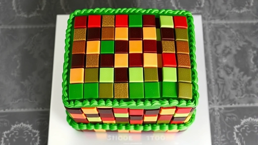 Overhead view of a finished two-layer square Minecraft cake with pixelated fondant squares in green, brown, and red arranged in grid pattern, displaying classic blocky game aesthetic with smooth frosting finish