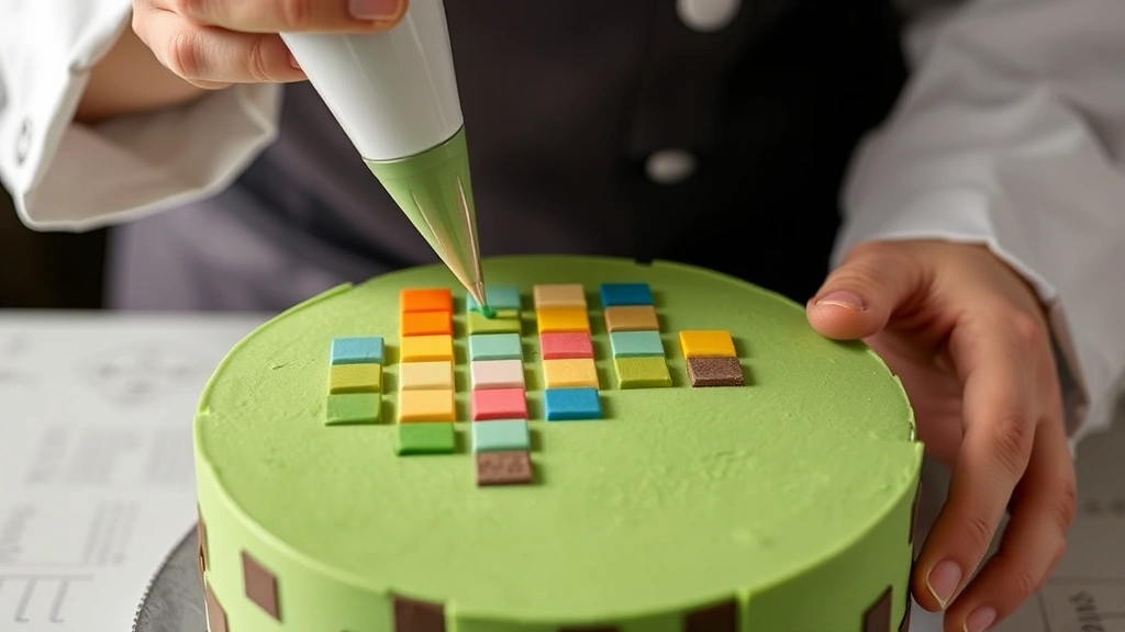 Baker's hands piping small colored buttercream squares onto a green frosted cake surface using piping bag, creating pixelated Minecraft texture effect with precision and detail