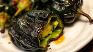 Close-up of fresh roasted poblano peppers with charred blistered skin, removed from the blackened exterior, showing the tender green flesh inside, on a white ceramic plate with steam rising