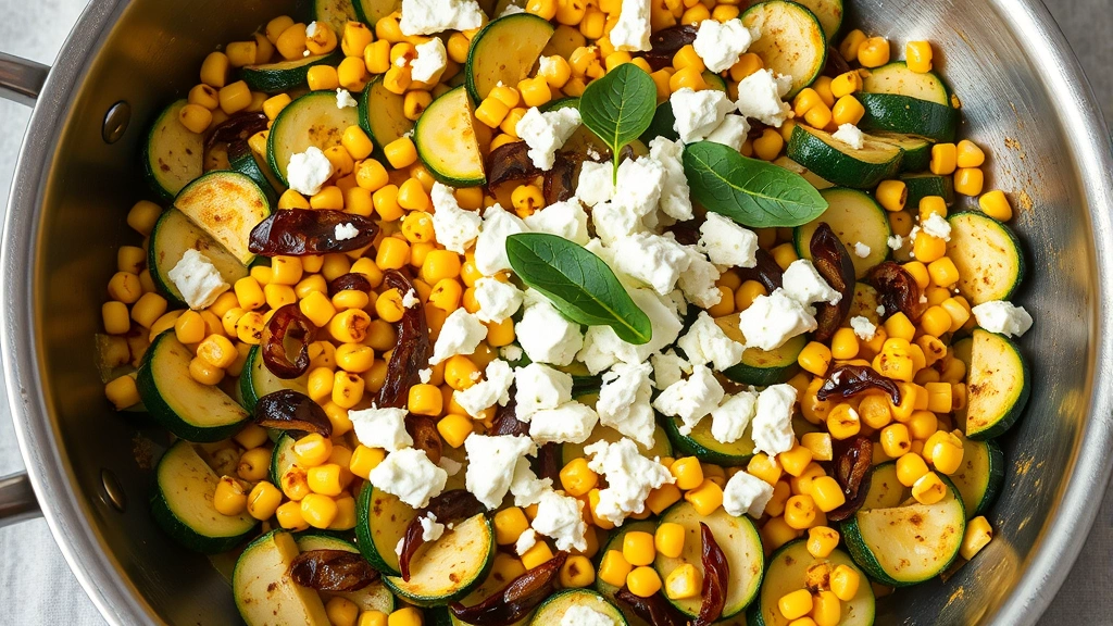 Wide shot of a large stainless steel skillet filled with vibrant calabacitas - pale green zucchini half-moons, corn kernels, roasted poblano strips, and white queso fresco crumbles on top, garnished with fresh epazote leaves