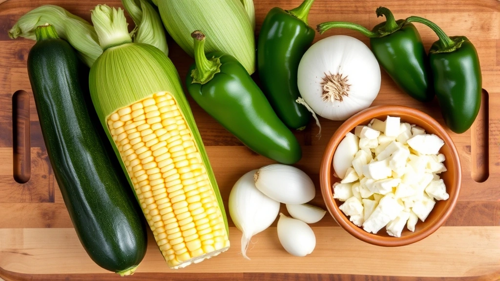 Overhead flat-lay composition of fresh ingredients for calabacitas: whole zucchini, corn on the cob, fresh poblano peppers, white onion, garlic cloves, and a bowl of crumbled queso fresco on a rustic wooden cutting board