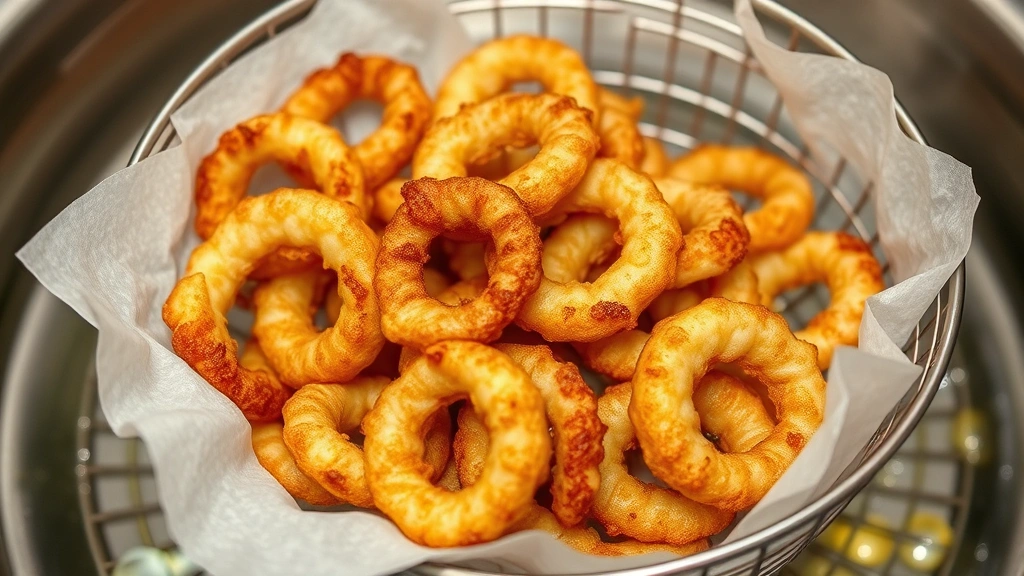 Golden-brown crispy calamari rings in a wire basket, just removed from hot oil with glistening exterior, paper towels visible below, steam rising gently, shallow depth of field
