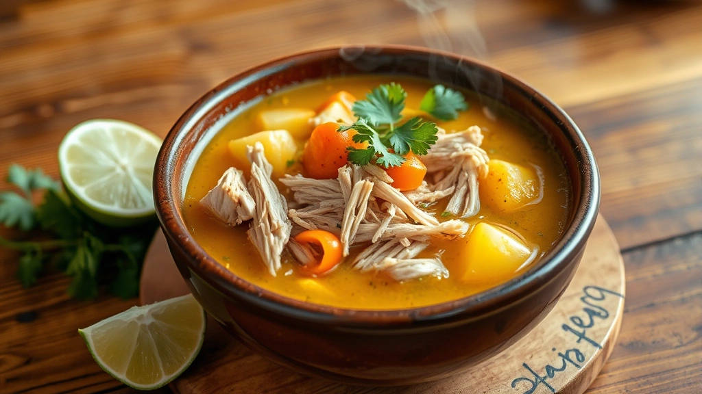 Golden caldo de pollo in rustic ceramic bowl with shredded chicken, carrots, and potatoes visible, fresh cilantro garnish, lime wedge on side, wooden table background, steam rising