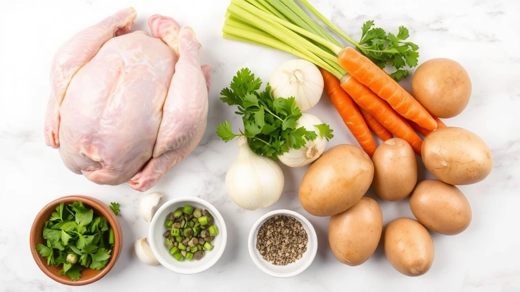 Ingredients for caldo de pollo arranged on marble counter: whole raw chicken, fresh carrots, celery stalks, onions, potatoes, garlic cloves, fresh cilantro bunch, bay leaves, dried oregano in small bowl
