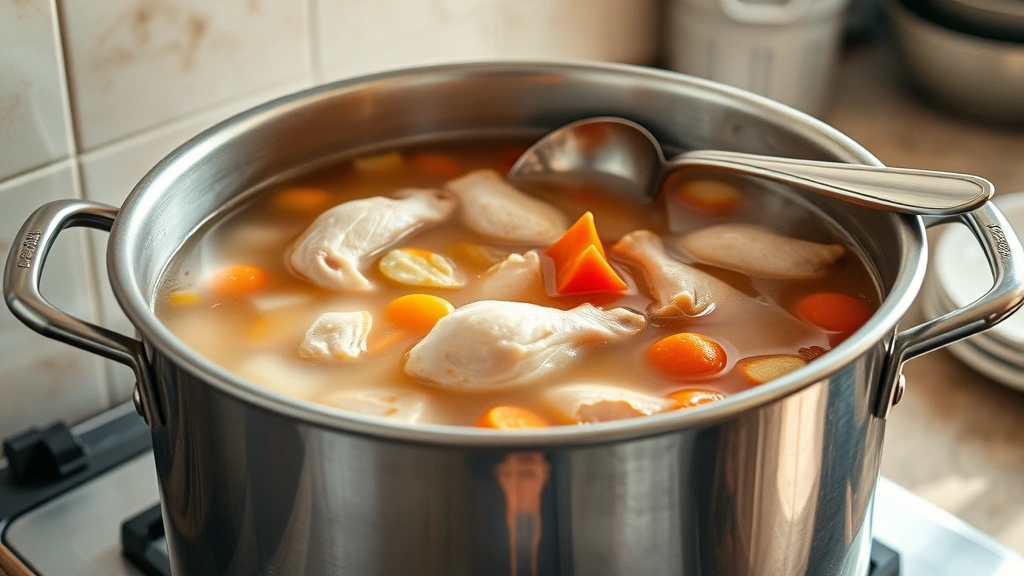 Large stainless steel stockpot containing simmering golden broth with chicken pieces, carrots, and vegetables, ladle resting on rim, warm kitchen lighting, traditional cooking scene