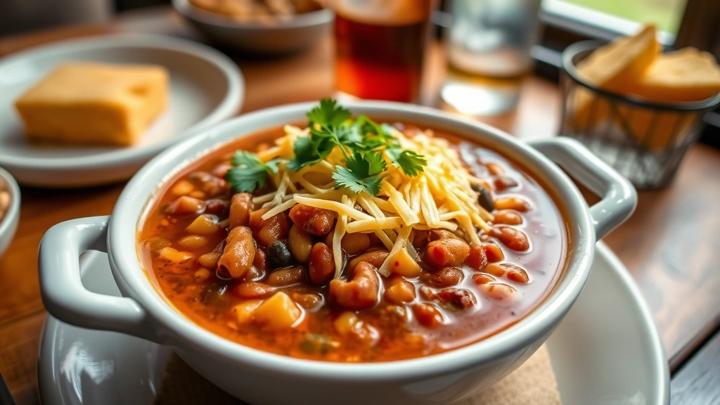 Close-up of a white ceramic bowl overflowing with calico beans and sauce, topped with melted cheese, fresh cilantro garnish, served on a wooden table with cornbread and cold beverage visible, natural window lighting, appetizing presentation