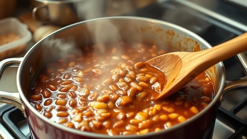 Action shot of a wooden spoon stirring a large pot of calico beans on stovetop, showing the thick, glossy sauce coating the beans, steam rising, diced onions visible, warm kitchen lighting, showing the cooking process