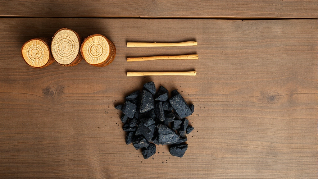 Overhead view of crafting table with three wooden logs in top row, three sticks in middle row, and coal in bottom center, showing perfect campfire recipe arrangement on wooden crafting surface