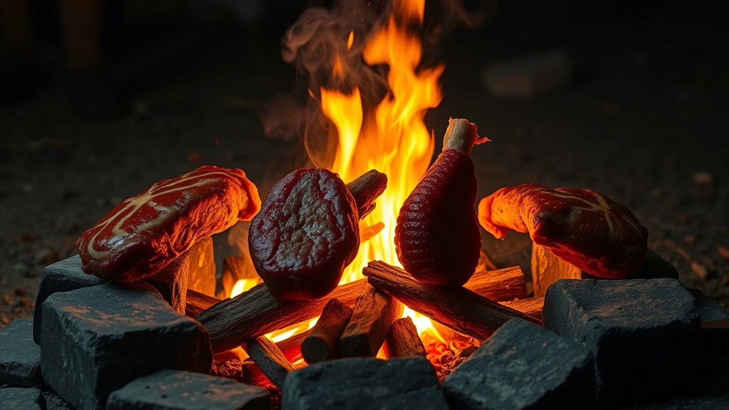 Lit campfire with four different raw meat items cooking simultaneously on all sides, surrounded by stone blocks in outdoor nighttime setting with orange flames and smoke particles rising upward
