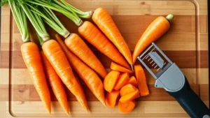 Fresh medium carrots with vibrant orange color arranged on a wooden cutting board next to a vegetable peeler, showing peeled carrot pieces ready for cooking