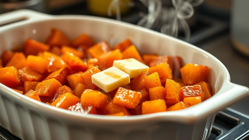 Golden-brown candied sweet potatoes with glossy caramel glaze in white ceramic baking dish, butter melting on top, steam rising, warm kitchen lighting