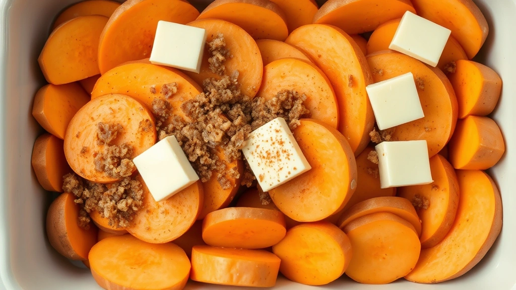 Overhead shot of sliced raw sweet potatoes arranged in baking dish with brown sugar cinnamon mixture and butter pats, before cooking